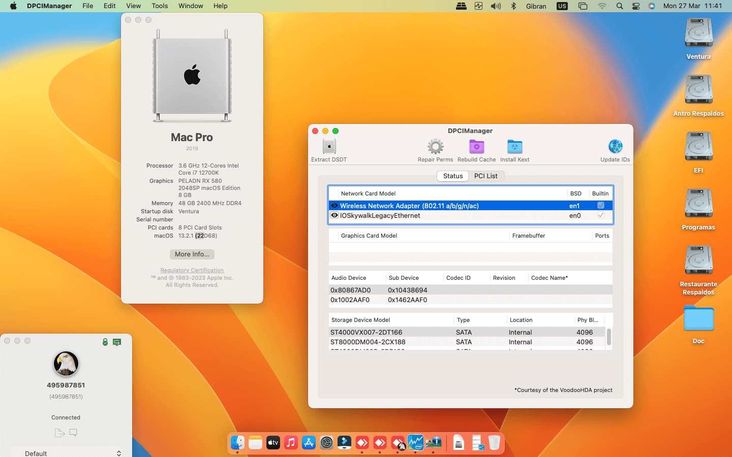 Success Hackintosh macOS Ventura 13.2.1 Build 22D68 in Asus ROG Strix Z690-A Gaming Wifi D4 + Intel Core i7 12700K + Peladn RX 580 2048SP